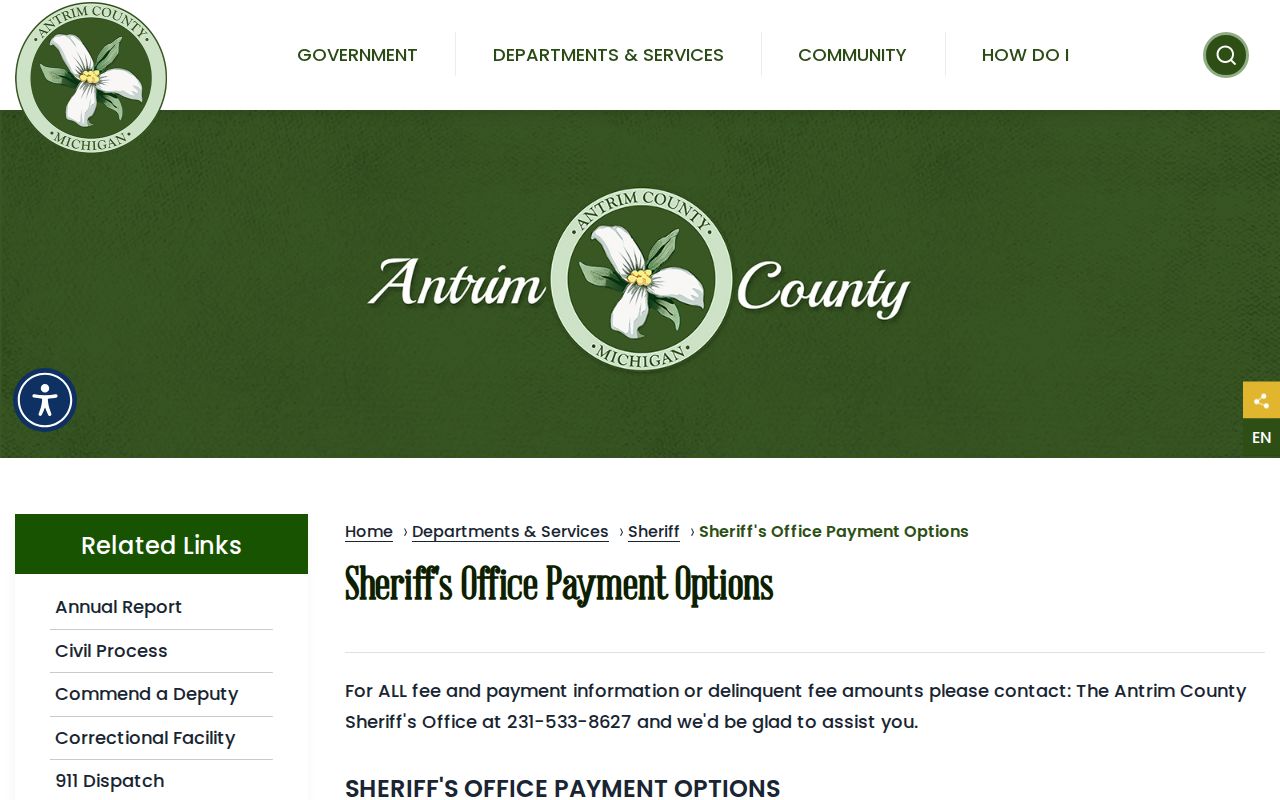 Mancelona warrant records Antrim County Sheriff payment options page with in-person and mail fee channels