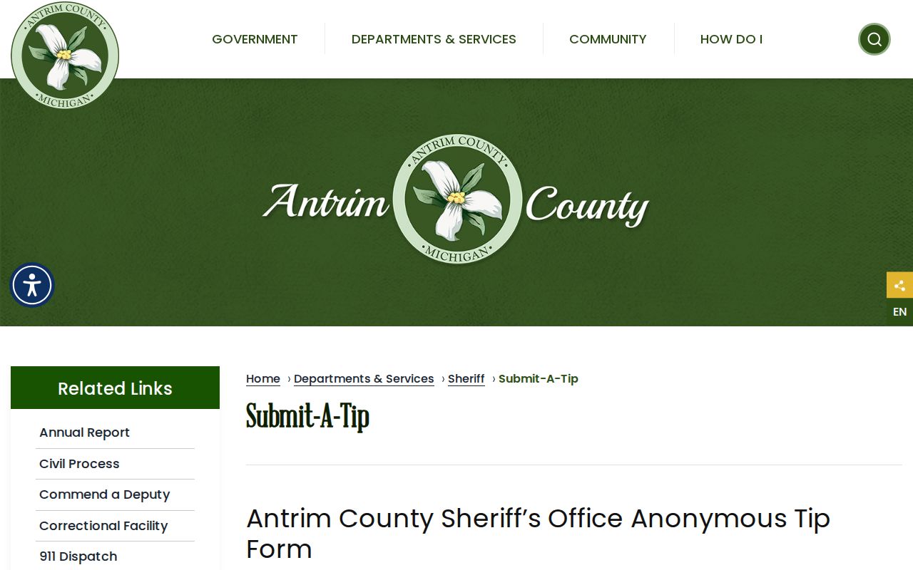 Antrim County most wanted anonymous tip form page with information submission fields