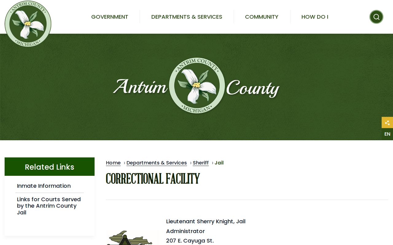Antrim County bench warrants correctional facility page with intake information