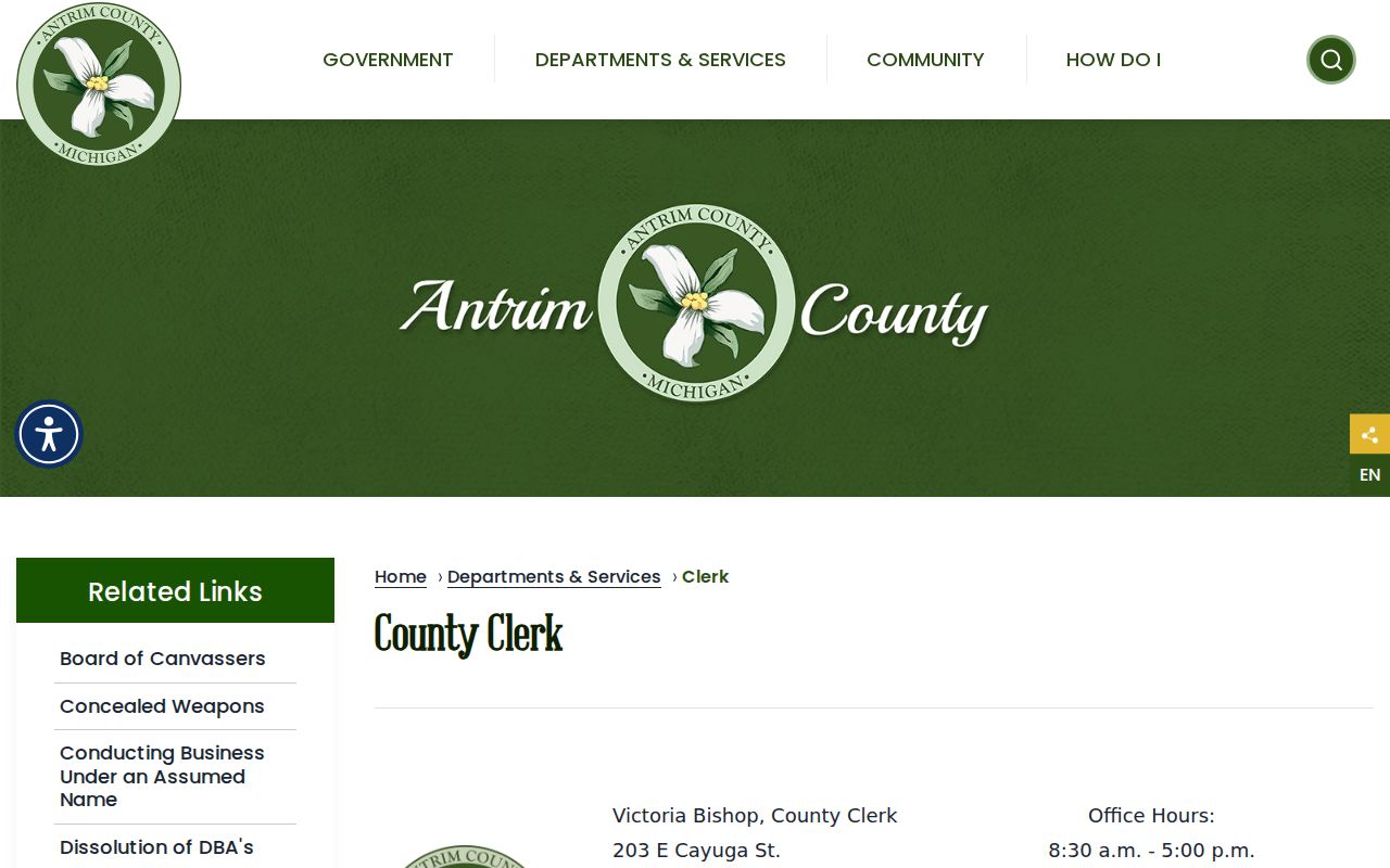 Antrim County warrant search County Clerk contact and Circuit Court clerk role
