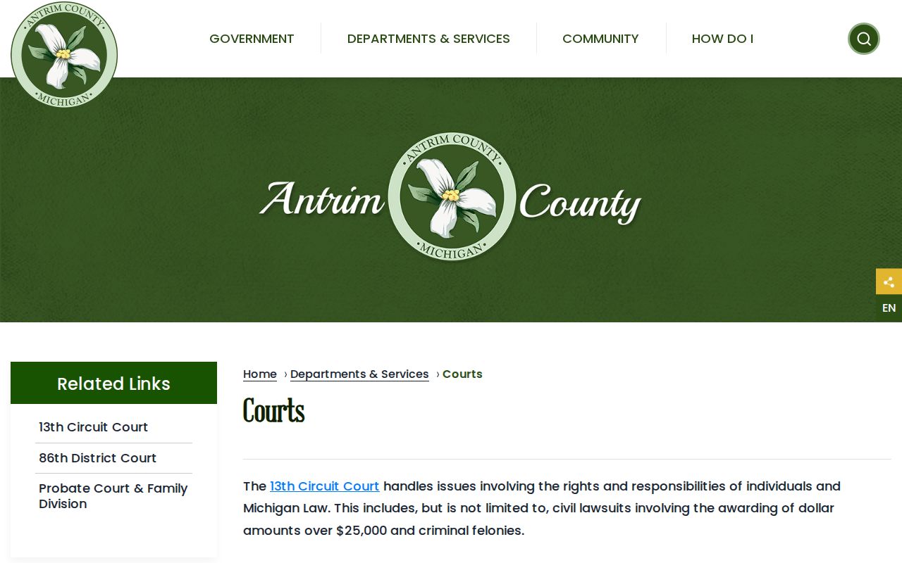 Antrim County warrant records court map for district, circuit, and probate courts