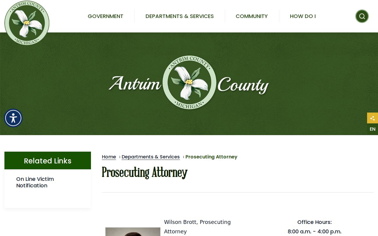 Antrim County arrest warrants prosecuting attorney office page with courthouse location