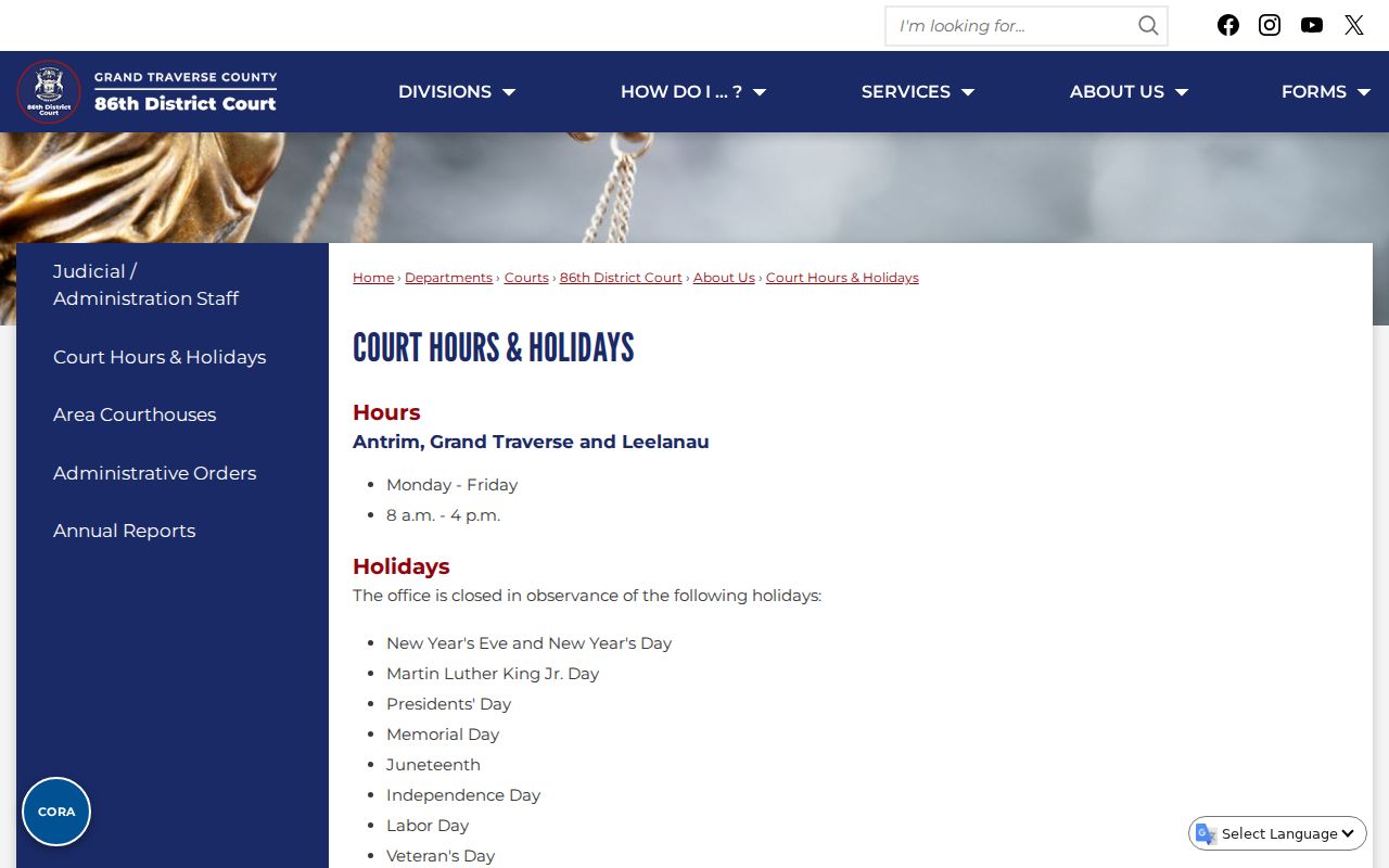 Antrim County bench warrants court operating hours and holiday closure list