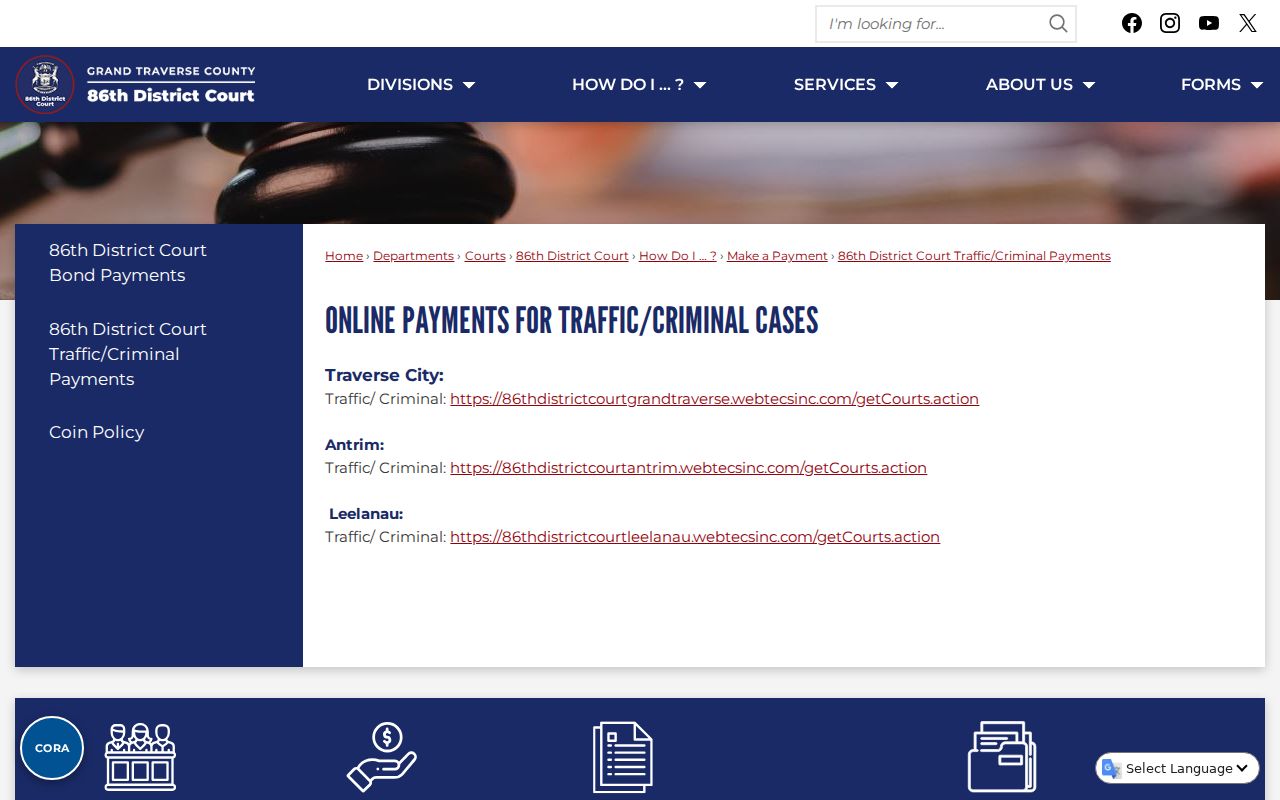 Antrim County traffic warrant court payment page with ticket and case payment warnings