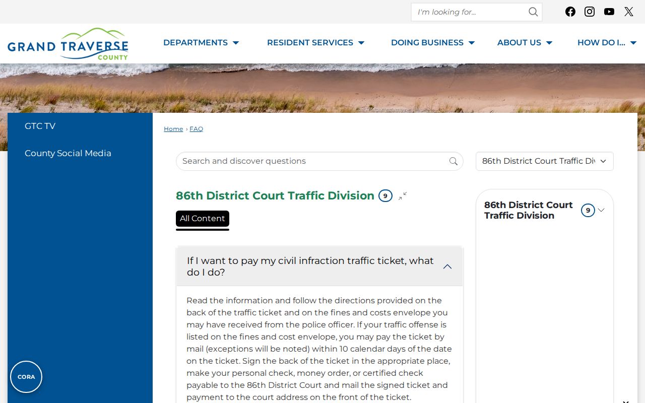 Antrim County traffic warrant traffic FAQ page with response, payment, and hearing instructions