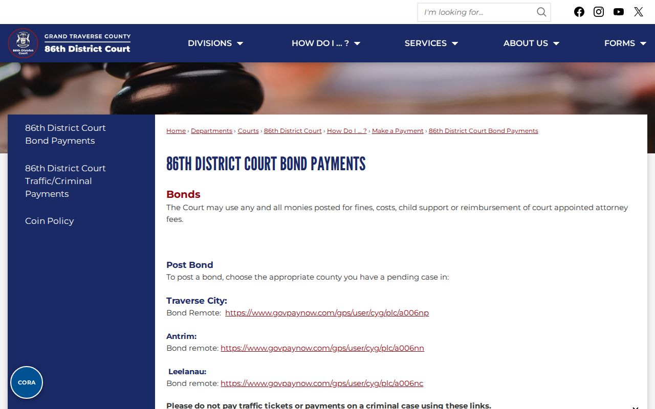 Antrim County traffic warrant bond payment page with separate payment routing warning