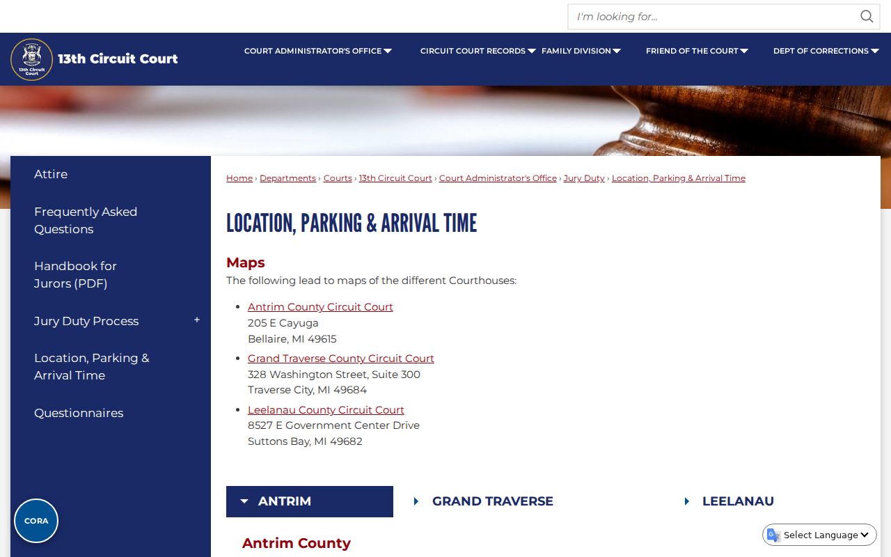 Antrim County arrest warrants circuit courtroom location page with parking and entry details