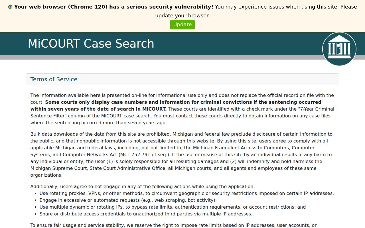Antrim County warrant search public case screen with informational notice