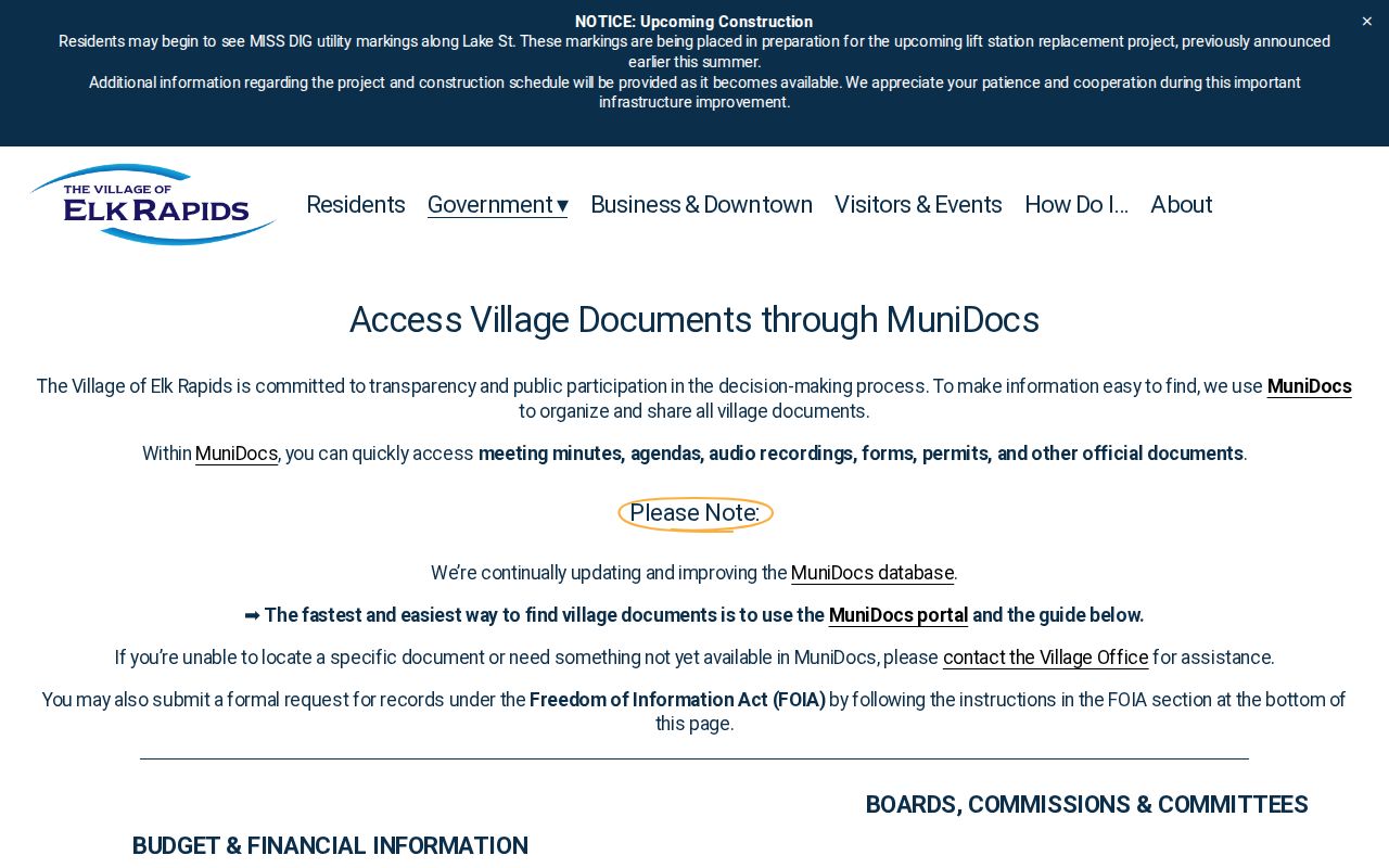 Elk Rapids warrant records MuniDocs portal page in Antrim County with village records and forms