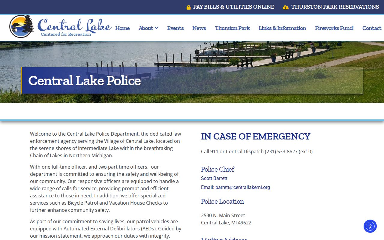 Central Lake warrant records police department page in Antrim County with staffing and dispatch contact