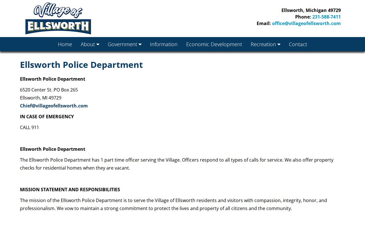 Ellsworth warrant records police page in Antrim County with part-time officer coverage