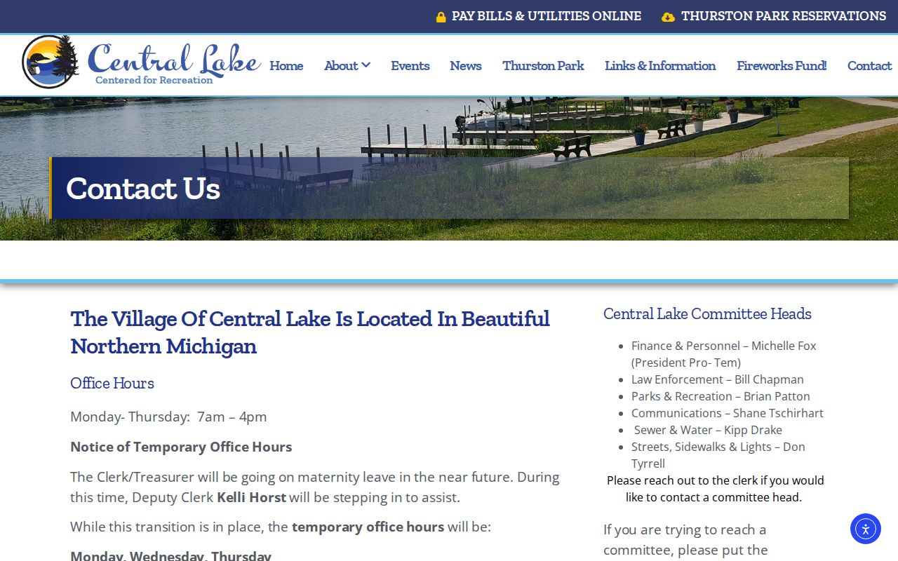 Central Lake warrant records village office page with Antrim County FOIA route and drop box