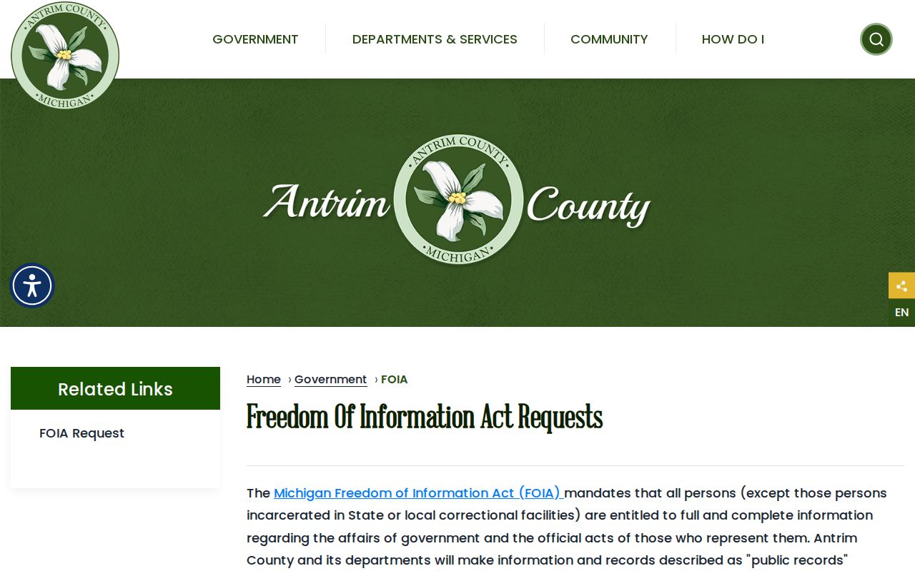 Antrim County warrant records FOIA page with timing, fees, and appeal rules