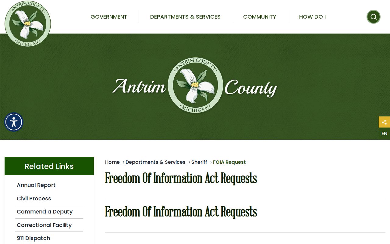 Antrim County warrant records Sheriff FOIA page with request channels